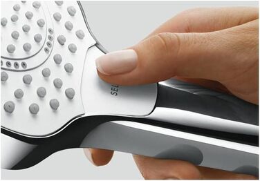 hansgrohe Croma Select S - Showerhead, Hand Shower with 3 Spray Patterns, Round Showerhead (110 mm), Showerhead with Anti-Limescale Function, White/Chrome, 26802400 (3 water-saving spray patterns, 9l/min)