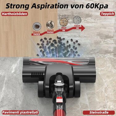 Yikko 3-в-1, пилосос 60KPa з потужним кабелем, електрична підміталка з гнучким шлангом, пилосос з LED-підсвічуванням, ідеально підходить для килимів/підлоги/волосся (Червоний-60)