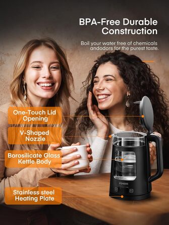 Electric Kettle with Temperature Control - 1.7L Glass Kettle with Keep Warm Function, 2200W Fast Boil, Auto Shut-Off & Dry Boil Protection, 5 Color LED Lights - Black