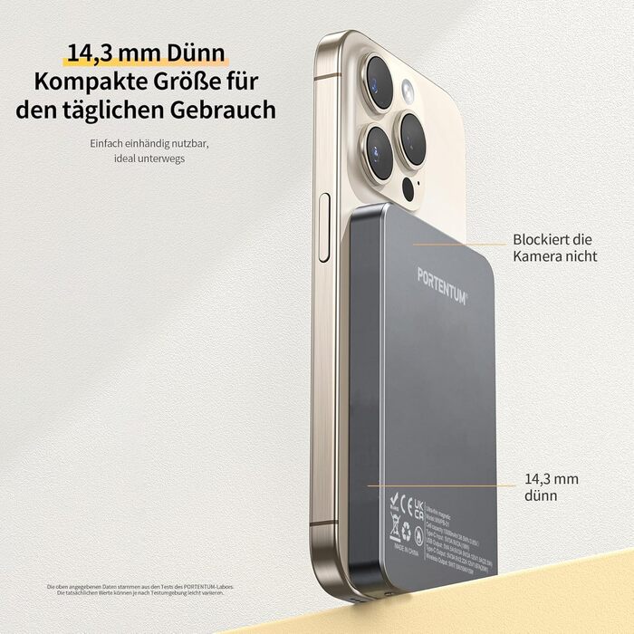 Портативний зарядний Power Bank Portentum MagSafe 10000 mAh: Швидка зарядка 22.5W, Qi 15W, USB-C, USB-A, Ultra-Slim 14mm для iPhone, Samsung, смартфонів, планшетів