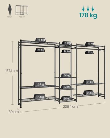 SONGMICS Стійка для одягу, відкритий шафа, вішалка для одягу з 10 полицями, 3 перекладинами, 4 гачками, металевий каркас, для спальні, вітальні, передпокою, чорний LGR011BZ01 206,4B см