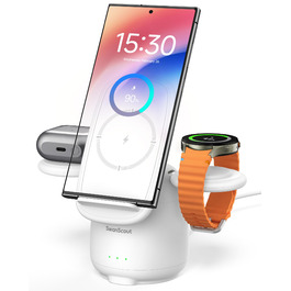 Бездротова зарядка SwanScout 3-в-1 для Samsung Galaxy S25 Ultra, S24, S23, Z Flip 7, Z Fold 7, Galaxy Watch 8/Ultra/7/6/5, Buds (без адаптера) біла