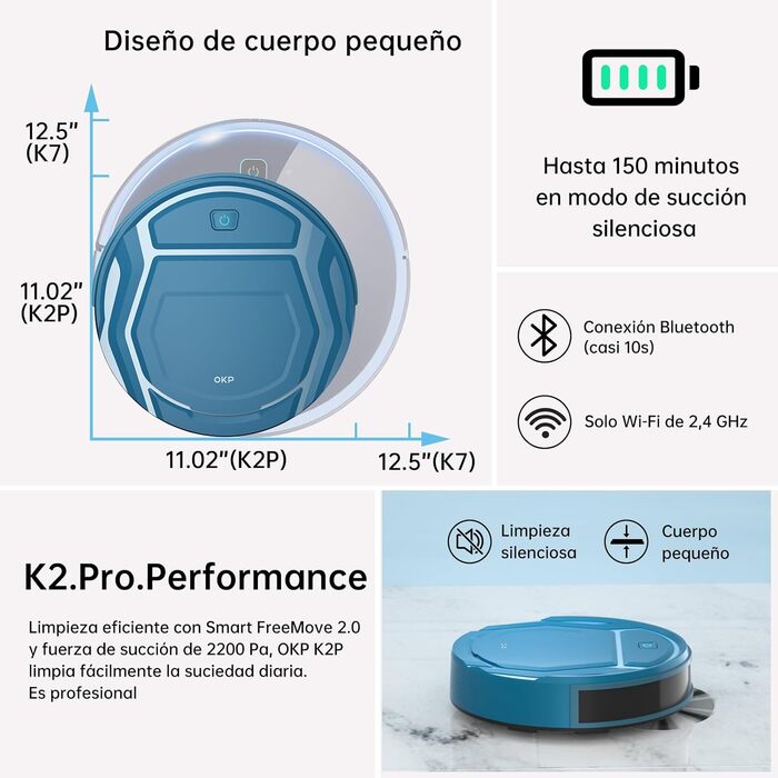 Робот-пилосос OKP, 3000Pa, з Wi-Fi, керуванням через додаток/Alexa, для шерсті тварин, килимів та твердих підлог, самостійна зарядка, K2P