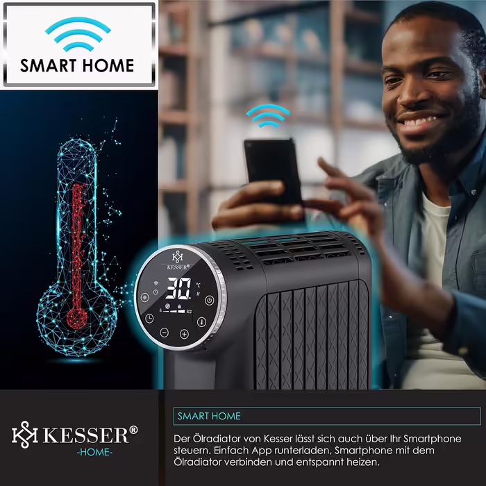 KESSER® Oil Radiator 2500W Electric Heater Radiator Electric Heater Energy-Saving with Display WiFi App & Remote Control Touchscreen - Mobile Oil Radiator 24h Timer, Thermostat & Overheat Protection Black