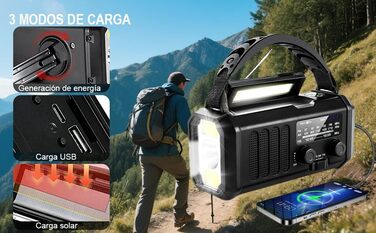 Радіостанція на сонячній батареї з живленням від ручки, 20000 mAh, SOS-сигнал, FM/AM, ліхтарик, компас, для кемпінгу та надзвичайних ситуацій (Чорний)