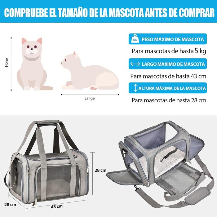 Транспортна сумка для кота та собаки, переноска для собак, складана переноска для котів, портативна, до 5 кг, переноска для середніх собак та котів (M, сіра) 43 x 28 x 28 см