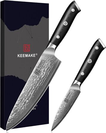 KEEMAKE Кухонний ніж кухарський 20см з дамаської сталі 67 шарів з ручкою G10, ідеальний подарунок на День батька (набір ножів Damast 2шт)