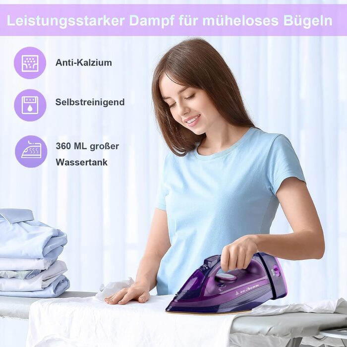 Пароочищувач відпарювач бездротовий 2400 Вт з керамічною підошвою, вертикальне прасування, стоп-краплі, антиналіт, самоочищення, резервуар для води (фіолетовий)