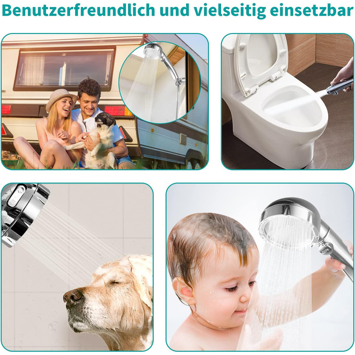 MIAOHUI Showerhead, Water-Saving with Water Stop Function, 3 Spray Patterns, Pressure-Boosting Showerhead, Shower with Hose and Holder (Chrome)