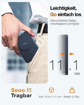 Портативний зарядний акумулятор TORRAS 5000mAh з MagSafe, USB-C, 22.5W PD, для iPhone 17 Pro Max та інших моделей, чорний