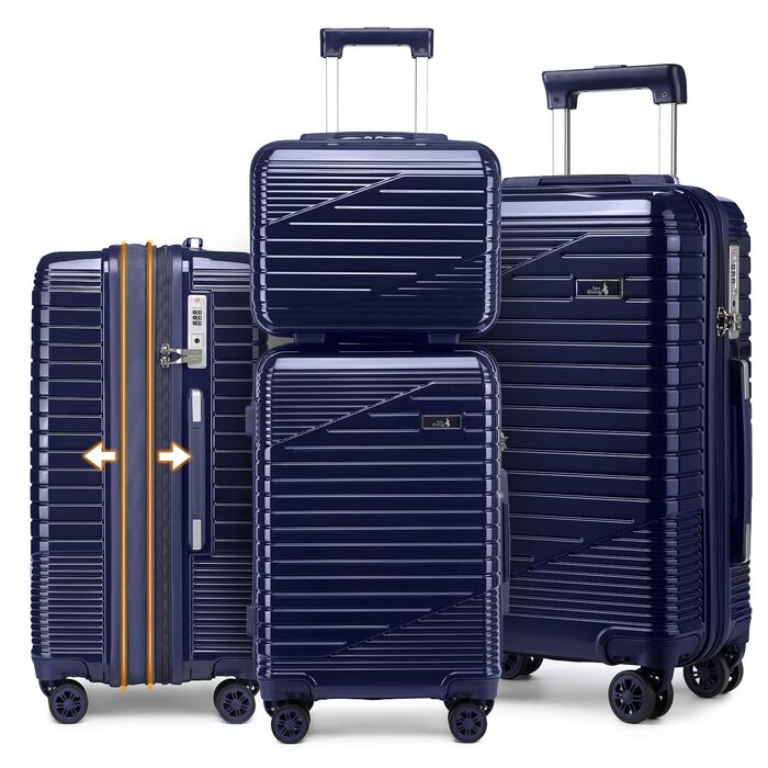 Набір валіз Sea Choice 4 в 1: S/M/L/XL, жорсткий корпус, PC, ручна поклажа, Beautycase, розширюваний, з YKK, TSA-замок, 4 колеса, темно-синій