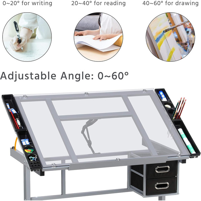 Yaheetech Adjustable Drafting Table - Tilting Glass Top Desk for Architects, Artists & Painters - 90cm x 60cm