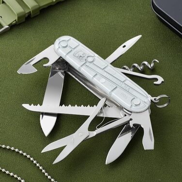 Швейцарський ніж Victorinox Huntsman: мультитул з 15 функціями, ніж, відкривачка для пляшок, консервний ніж, прозора срібляста коробка