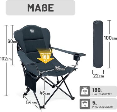 Кемпінговий стілець Timber Ridge складаний, до 180 кг, з регурованою спинкою (3 положення), підлокотниками, тримачем для напоїв та бічною кишенею, ширина сидіння 62 см