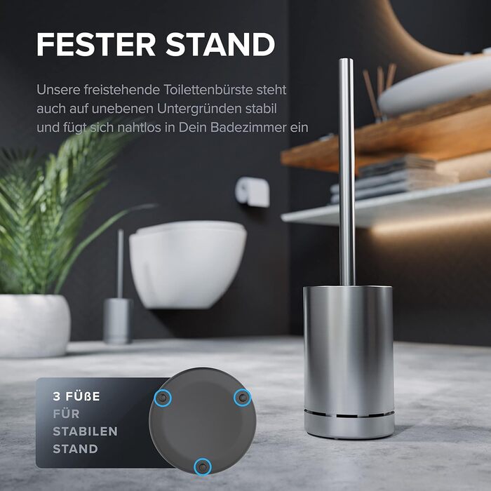 Торцева щітка для унітазу з нержавіючої сталі | Силіконова щітка для унітазу | З вентиляцією | Без кріплення до стіни | Змінний насадок | Знімний піддон | Щітка для унітазу без встановлення на стіну (Срібна)