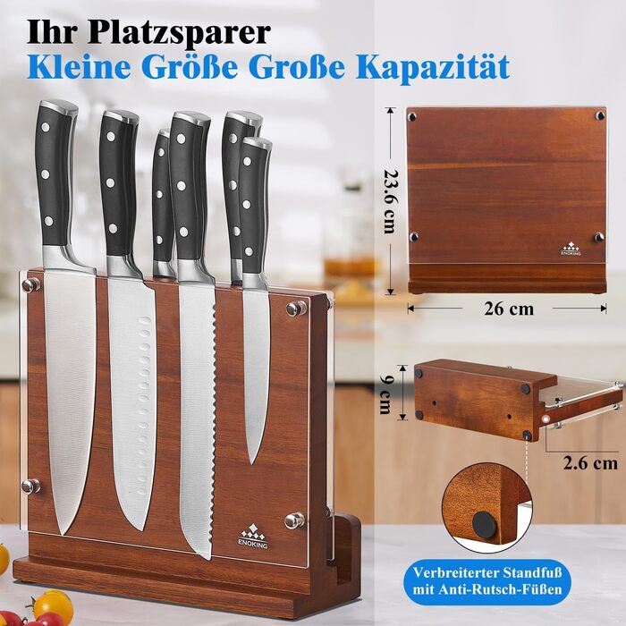 ENOKING Magnetic Knife Block without Knives with Transparent Acrylic Shield, High-Quality Magnetic Knife Holder, Natural Acacia Wood Knife Block with Double-Sided Strong Magnet for up to 12 Knives