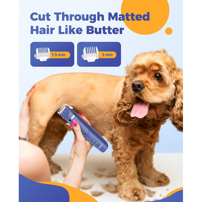 Машинка для стрижки собак і котів oneisall 4-в-1: стрижка, триммінг, шліфування кігтів. Безшумна, акумуляторна. 4 насадки для тіла, лап, очей, вух, обличчя. Білий/Синій колір