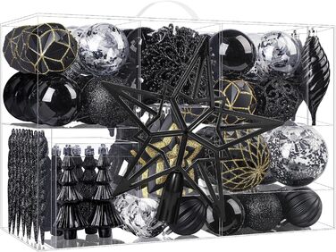 Набір з 100 штучних новорічних кулькок Shareconn, міцні, з гачками, різні розміри та дизайни, декор для ялинки, внутрішнє та зовнішнє прикрашання (чорний)