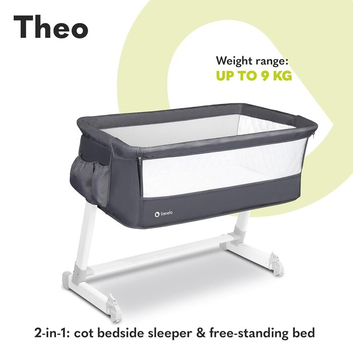 Lionelo Theo 2in1 Baby Cot, Travel Cot for Baby, Crib for Baby from Birth up to 9 kg, Height Adjustment, Recline Adjustment, Foldable Side Rail, Mattress, Mosquito Net (Dark Grey) Dark Grey 1 Piece (1-Pack)
