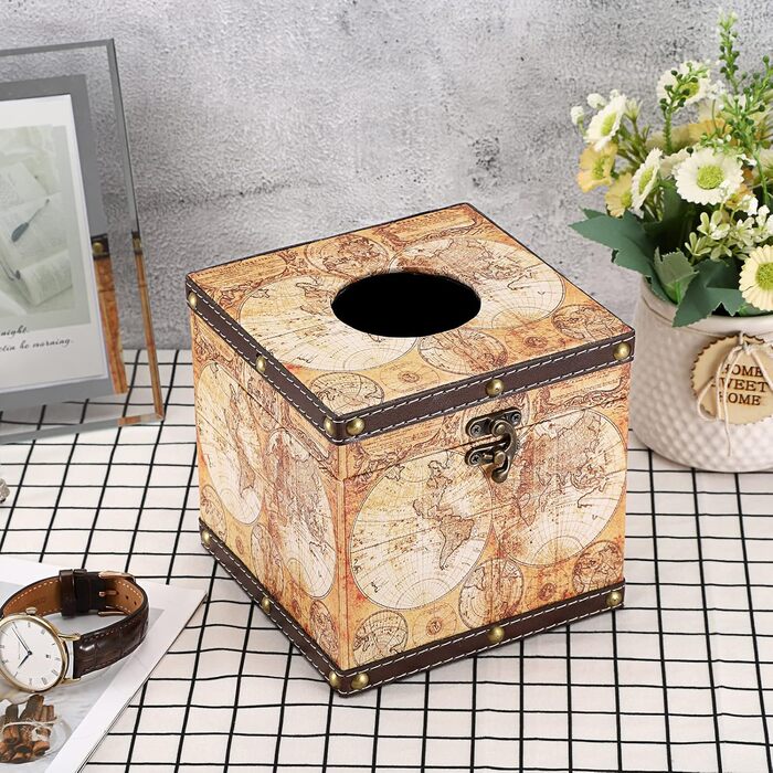 BTSKY Square Tissue Box Holder made of Wood + PU, Retro Style, for Home, Office, Cube, Napkin Holder, Elegant and Stylish Home Decor (Yellow Card)