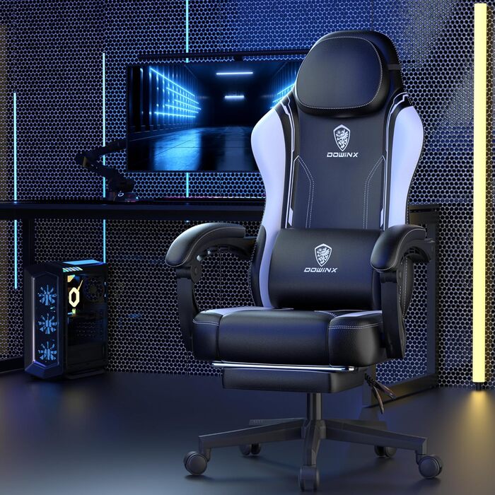 Ігровий крісло Dowinx з PU-шкіри, ергономічний, з підтримкою попереку, для ПК, білий, до 150 кг