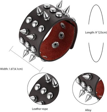 Чоловічий широкий браслет з натуральної шкіри JewelryWe Punk Rock: стильний аксесуар для байкерів та шанувальників панк-року. Регульований, чорний/коричневий, з заклепками та ланцюгом.