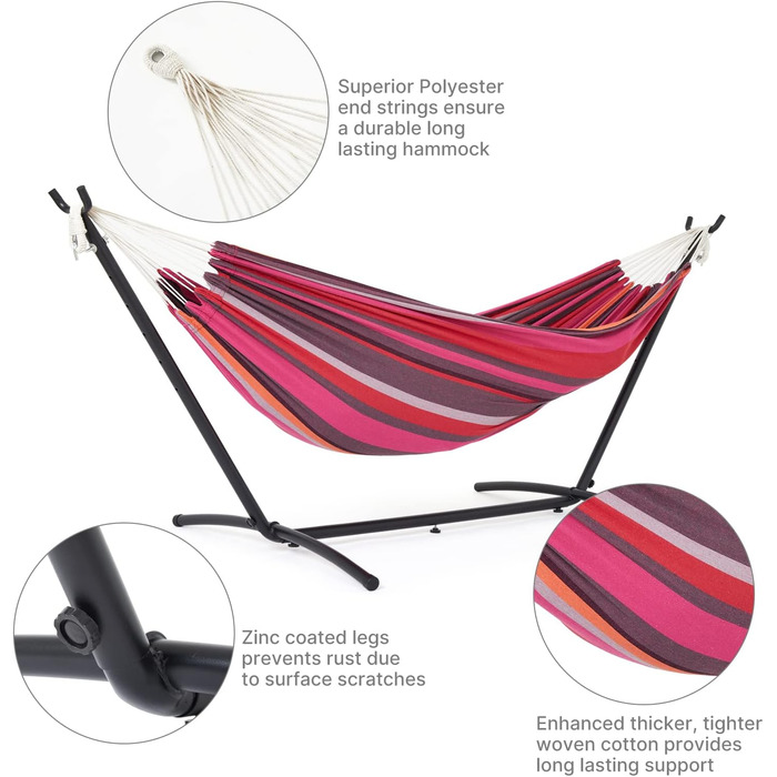 Hammock with stand, double cotton with stand for 2 people, portable outdoor & indoor patio, yard, garden, weight capacity up to 200 KG, Red