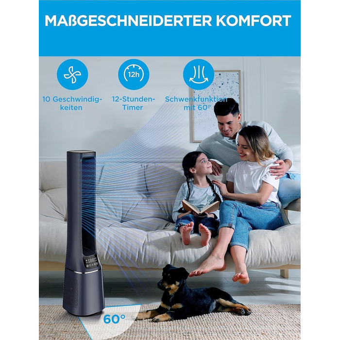 Турбовентилятор Midea MFP-120i (BL) 2-в-1 з очищувачем повітря, тихий (38dB), HEPA фільтр H13, LED дисплей, керування через додаток, Alexa, Google, таймер 12H, осциляція