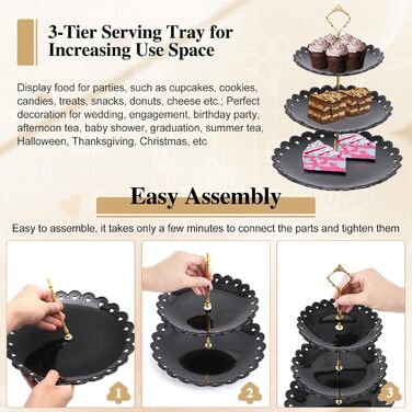 Трирівнева підставка для капкейків, десертів, фруктів, печива, цукерок. Підставка для сервірування на вечірку, весілля, день народження, дитячий свято (пластик, чорний та білий)