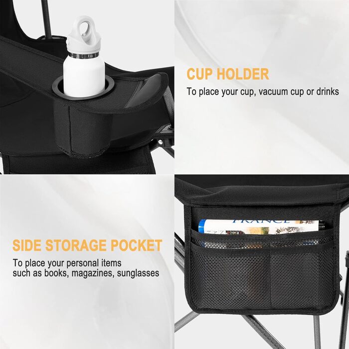 Набір кемпінгових стільців WOLTU 2 шт. зі спинкою та підставкою для ніг, пляжний стілець-трансформер з підсклянником та сумкою для зберігання, для кемпінгу, риболовлі, відпочинку (Чорний)