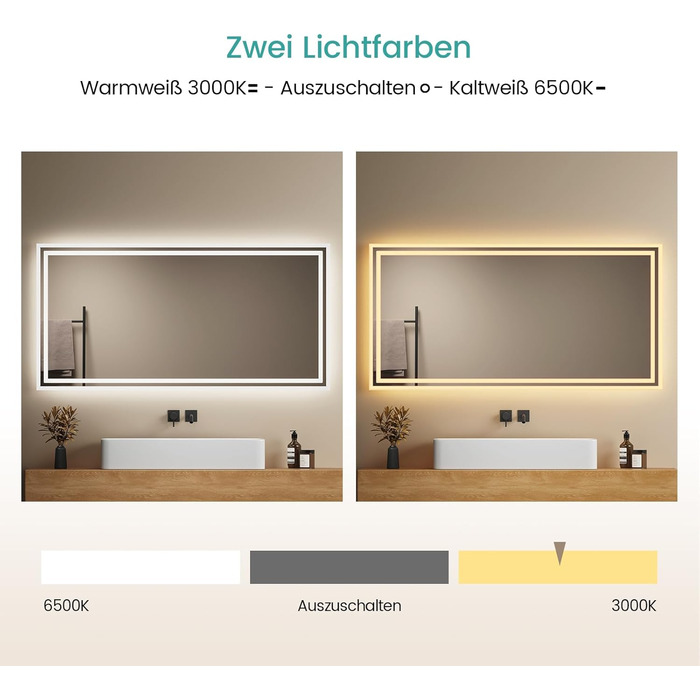 LED дзеркало для ванної кімнати EMKE 40x60 см з підсвіткою, антизапарник, регулювання кольору світла, сенсорне управління, алюмінієва рама, IP44, енергозберігаюче