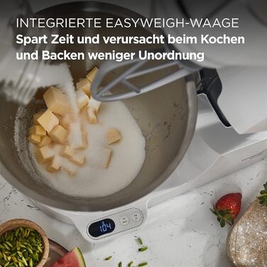 Кухонна машина Kenwood Titanium Chef Baker KVC65.001WH з вбудованими вагами, 1200 Вт, 3 насадки для кондитерських виробів, лопатка та захист від бризок, біла