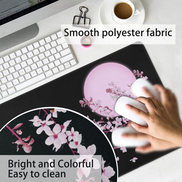 Мат для миші Sakura з квітами вишні, чорний XL, великий, 80 x 30 см, аксесуар для столу