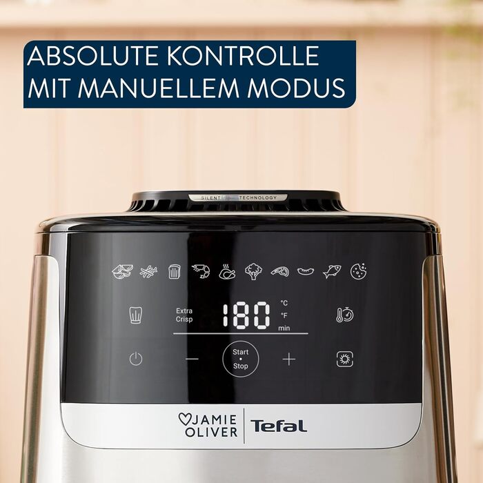Аерофритюрниця Jamie Oliver by Tefal Easy Fry Silence Deluxe EY55JDE0, тиха, 5 л, 10 програм, цифровий сенсорний дисплей, з решіткою та кришкою, чорний/нержавіюча сталь