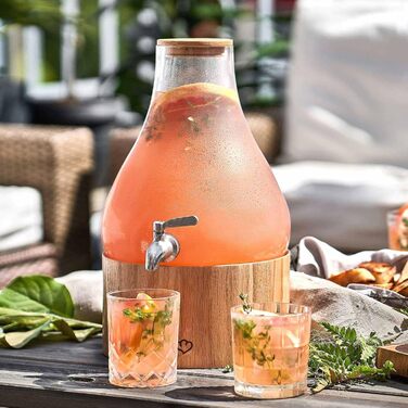 SPRINGLANE Glass Drink Dispenser 5.5 L Gloria with Stainless Steel Tap & Oak Wood Stand, Soda Dispenser, Vintage Design Mason Jar