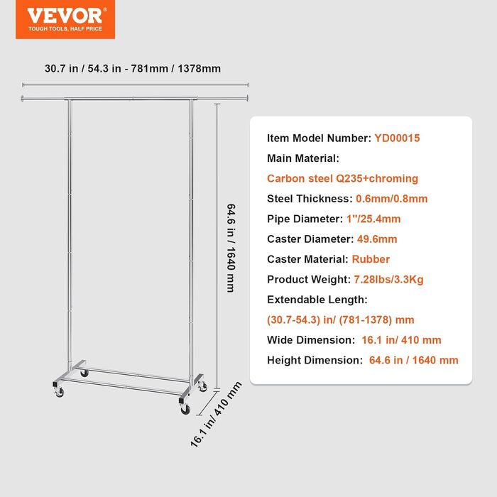 VEVOR Clothes Rack Coat Rack 1 Clothes Rod, Durable Clothes Rack Black 400 x 1010 x 1510 mm Clothes Rack for Bedroom, Laundry Room, Dressing Room, Entrance, etc. (1 Rod, 54.3
