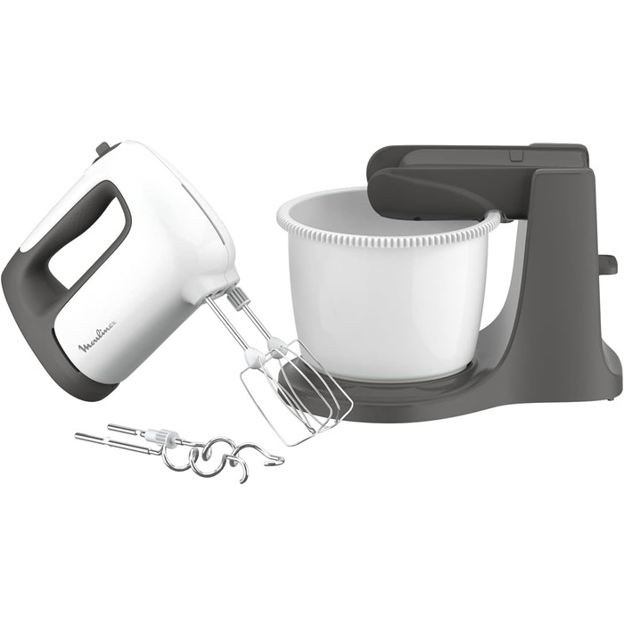 Moulinex HM4641 Prep'Mix+ electric hand mixer, with stainless steel whisk and dough hooks for stirring, whisking, and beating, self-rotating bowl with 2.5 l capacity, 5 speeds, and
