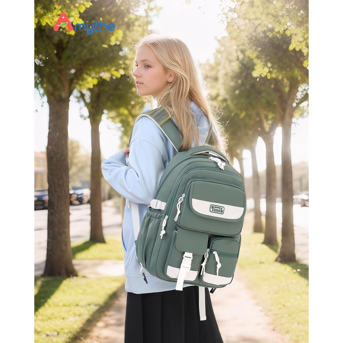 Дитячий рюкзак для підлітка, шкільний рюкзак для дівчинки з багатьма відділеннями, рюкзак для учнів 3-5 класів, середньої та старшої школи, нейлоновий рюкзак для подорожей та відпочинку (зелений)