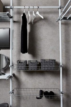 WENKO Telescopic System Hercules Duo, 3 Clothes Rails, 2 Storage Baskets, Extendable, Powder-Coated Metal, 164-215 x 165-300 x 38 cm, Matt (White, Single)