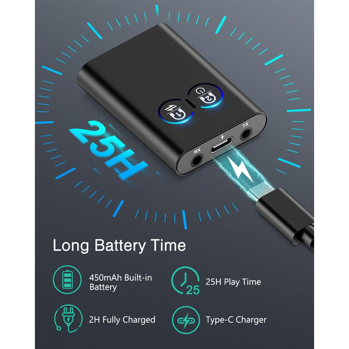 ORIA Bluetooth 5.3 Аудіоадаптер 2-в-1: для стереосистем, навушників, колонок, ноутбуків. Зарядка Type-C (Чорний)