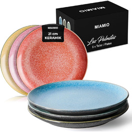 MIAMI - Set of 6, 8.3 inch Dinner Plates, Ceramic Plates, Kitchen Plates, Dinnerware Sets - Plates, Microwave and Dishwasher Safe - Las Palmitas Collection