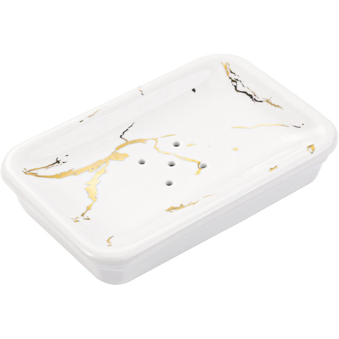 Підставка для мила Shinowa з подвійним шаром та знімним контейнером для води, білий мармур з золотим візерунком