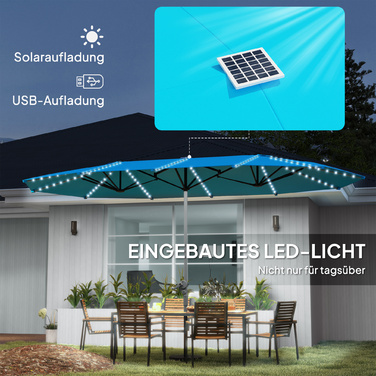 Сонцезахисний парасоль Doppelsonnenschirm Outsunny з сонядними LED-ліхтарями 451x267 см, алюміній, UV 50+, парасоль з ручним приводом, стійкий до вітру, парасоль для балкона, ринку, пляжу, саду, блакитний | Aosom