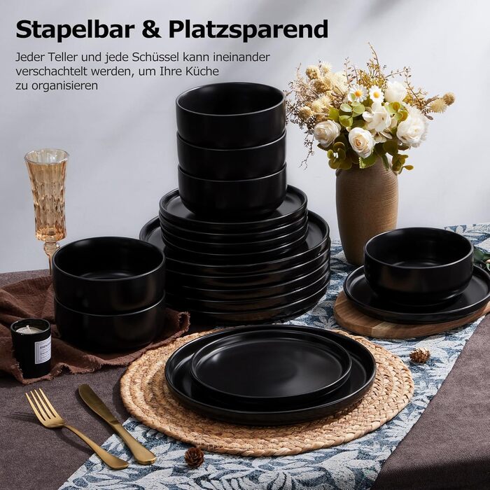 Набір посуду Onader на 6 осіб: 18-ти частинний сервіз з каменю, 6 тарілок, десертних тарілок, мисок, стійкий до миття в посудомийній машині та подряпин (Класичний чорний)