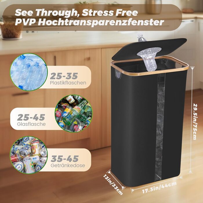 Laundry basket with 2 compartments, deposit bottle collection container with lid, container for deposit bottles & glass recycling & paper waste, deposit bottle container bamboo with bag, must-have (Black - visualization, 100L)