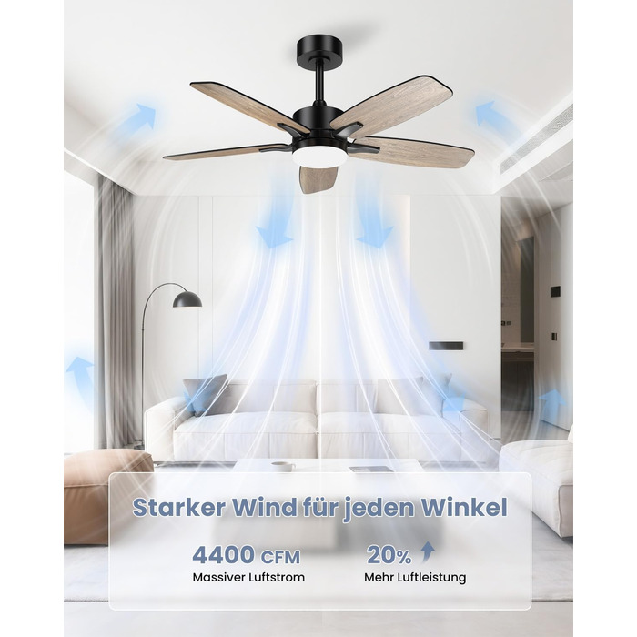 Стелянка вентилятор 106 см з підсвіткою та двосторонніми лопатями, тихий вентилятор з LED-лампою та пультом керування, для спальні та вітальні, DC мотор, штанга темне дерево