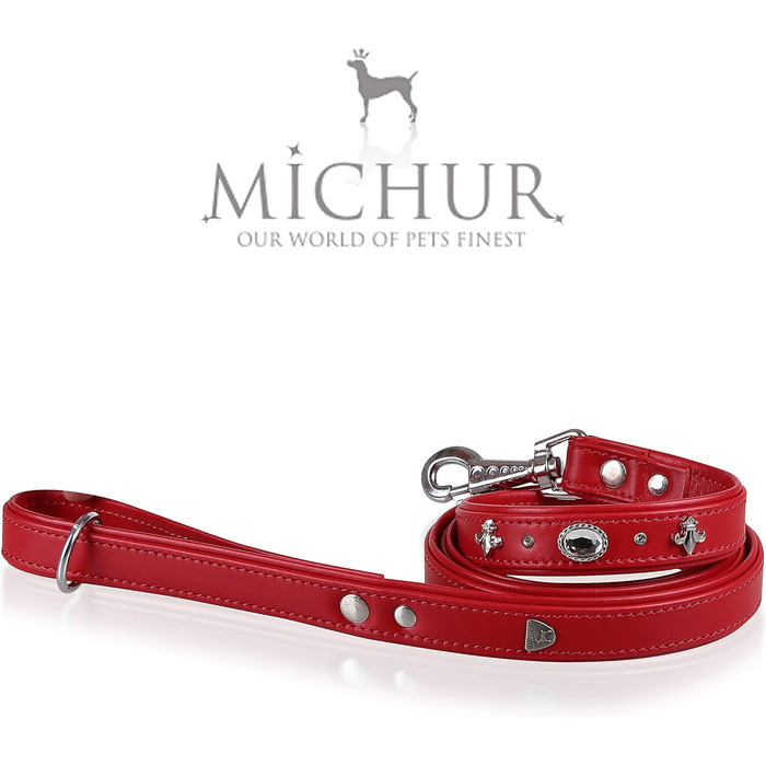 Julieta Leine, leather dog leash, leather lead for dogs, MATCHES Julieta collar, Red, leather, with lilies, rhinestones, and a large crystal