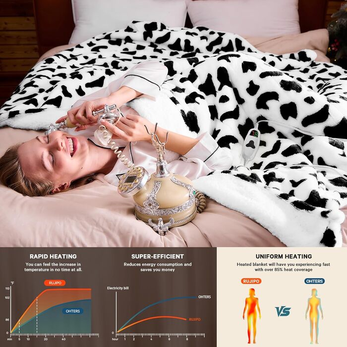 Електрична гріюча ковдра з принтом корів, подвійний розмір, 157 x 213 см, фіолетовий колір, 10 температурних режимів, автоматичне вимкнення через 8 годин, фліс, sherpa, тепла, подарунок для жінок, розмір 62'x84' (72'x84', чорно-біла корова)