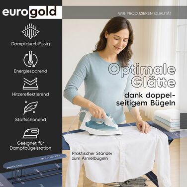 Прасувальна дошка EUROGOLD® XXL 130x48 см з турбочохлом та дощечкою для рукавів - для парогенераторів (Виготовлено в Європі) - з розеткою - стабільна та регульована по висоті, блакитна