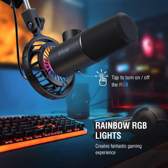 Мікрофон FIFINE K658 Black - USB мікрофон для ПК, PS4, PS5, MAC з RGB підсвічуванням, динамічний, 16 біт/48 кГц, 3.5 мм роз'єм для навушників, Plug-and-Play, з амортизатором